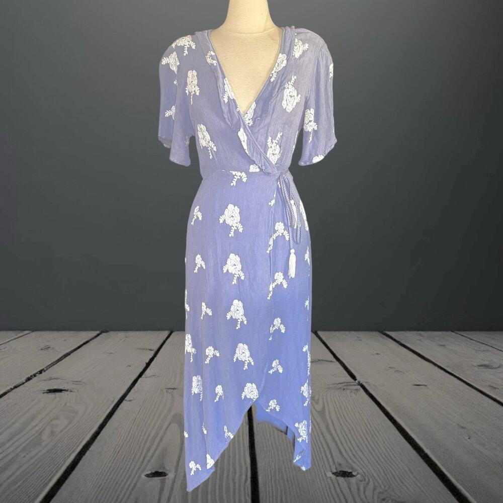 Lost + Wander Iris Maxi Wrap Dress Sz M Sky Blue Embroidered High Low Sexy Boho